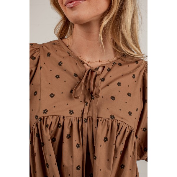 Chasing Autumn Brown Floral Puff Sleeve Mini Dress