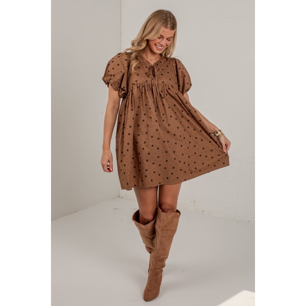 Chasing Autumn Brown Floral Puff Sleeve Mini Dress