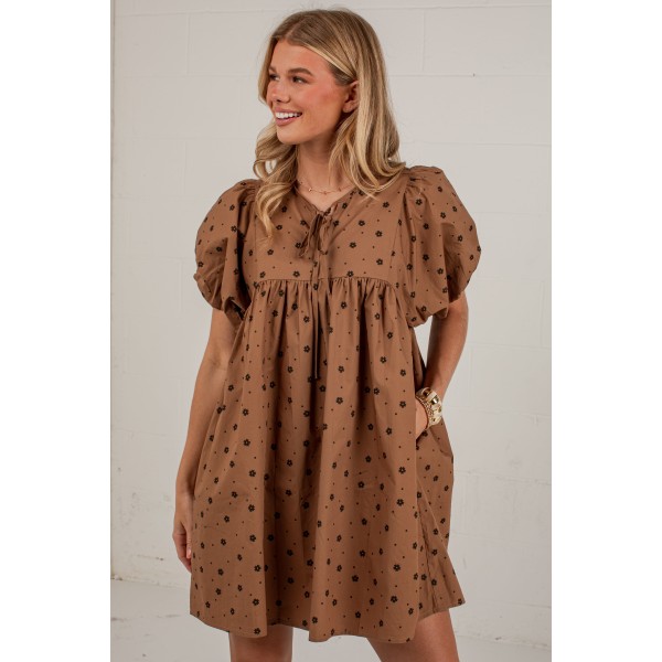 Chasing Autumn Brown Floral Puff Sleeve Mini Dress