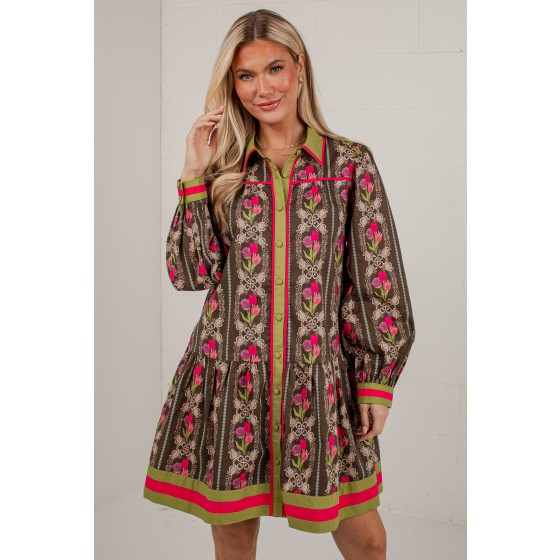 A Painted Garden Floral Brown Collared Mini Dress