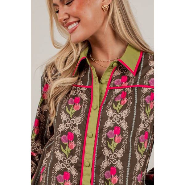 A Painted Garden Floral Brown Collared Mini Dress