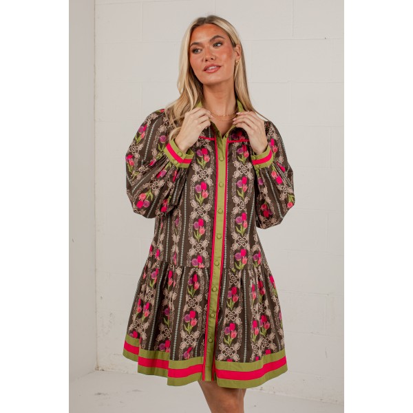A Painted Garden Floral Brown Collared Mini Dress