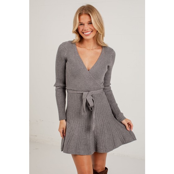 Chic By Choice Grey Ribbed Wrap Knit Mini Dress