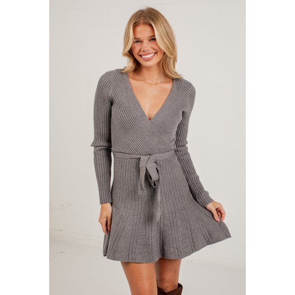 Chic By Choice Grey Ribbed Wrap Knit Mini Dress