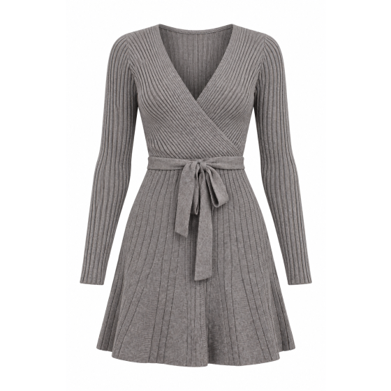 Chic By Choice Grey Ribbed Wrap Knit Mini Dress