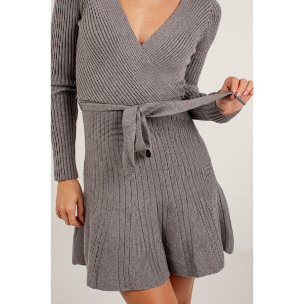 Chic By Choice Grey Ribbed Wrap Knit Mini Dress