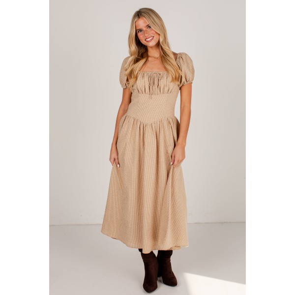 Countryside Letters Taupe Plaid Puff Sleeve Midi Dress