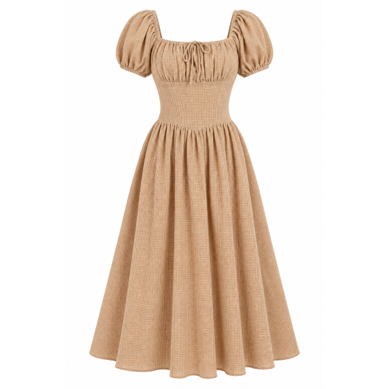 Countryside Letters Taupe Plaid Puff Sleeve Midi Dress