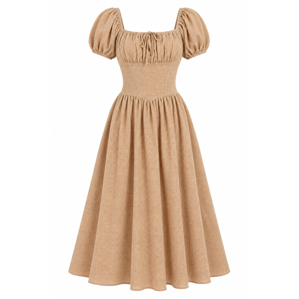 Countryside Letters Taupe Plaid Puff Sleeve Midi Dress