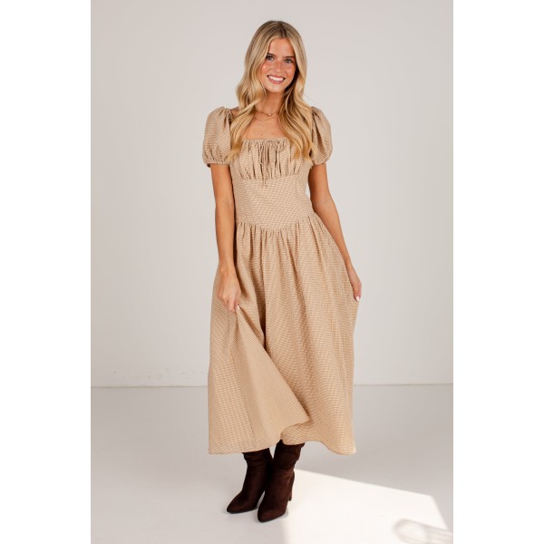 Countryside Letters Taupe Plaid Puff Sleeve Midi Dress
