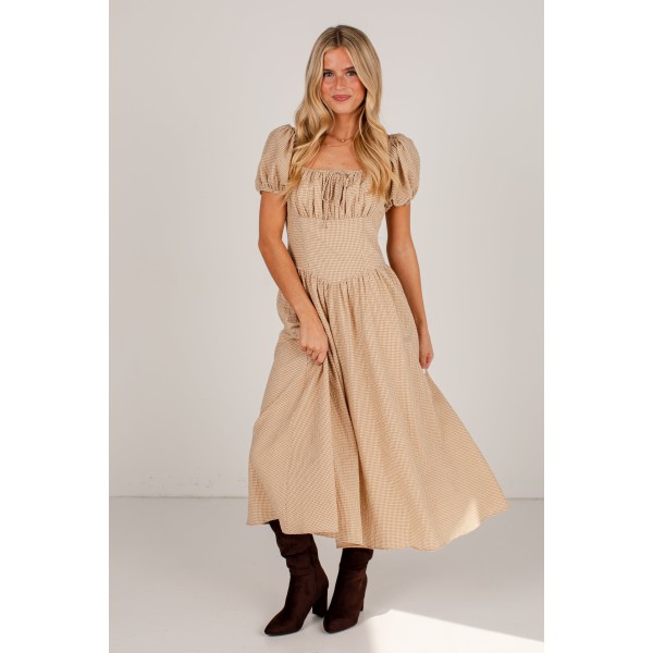 Countryside Letters Taupe Plaid Puff Sleeve Midi Dress