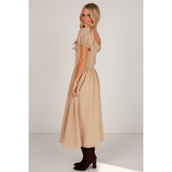 Countryside Letters Taupe Plaid Puff Sleeve Midi Dress