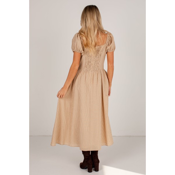 Countryside Letters Taupe Plaid Puff Sleeve Midi Dress