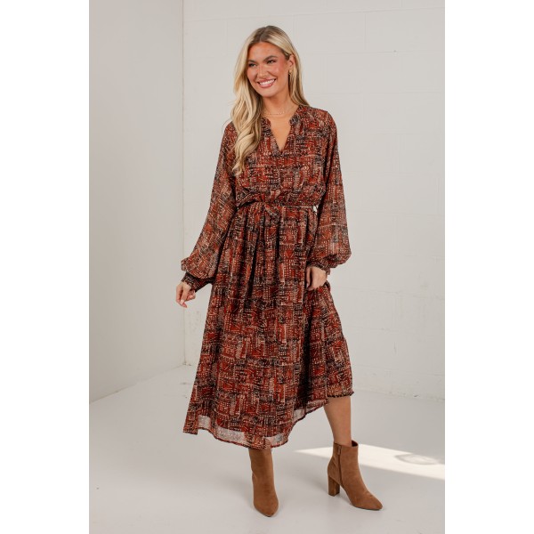 Flourish With Grace Brown Printed Midi Dress