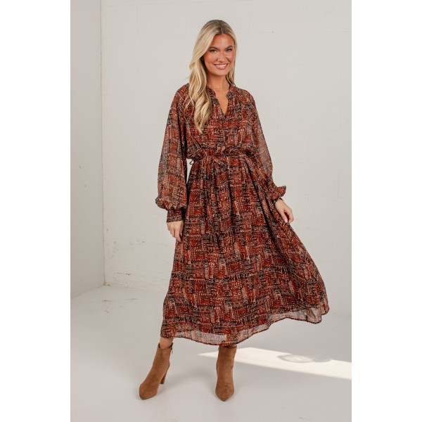 Flourish With Grace Brown Printed Midi Dress