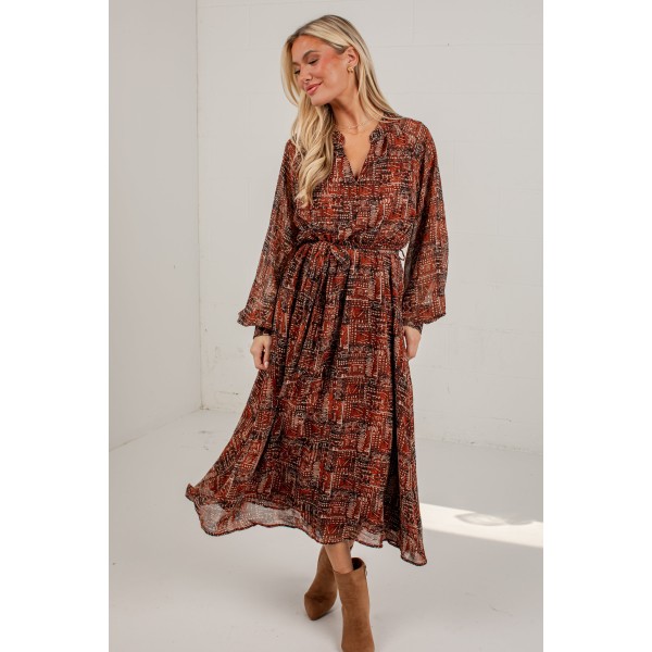 Flourish With Grace Brown Printed Midi Dress