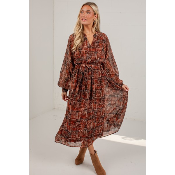 Flourish With Grace Brown Printed Midi Dress