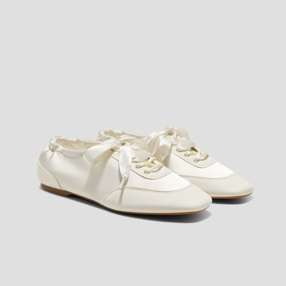 Square-Toe Lace-Up Satin Sneakerina (Cristina) - Light Gold