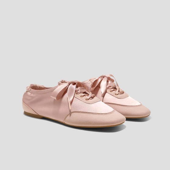Square-Toe Lace-Up Satin Sneakerina (Cristina) - Peach Blush