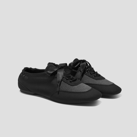 Square-Toe Lace-Up Satin Sneakerina (Cristina) - Black