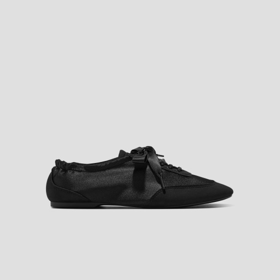 Square-Toe Lace-Up Satin Sneakerina (Cristina) - Black