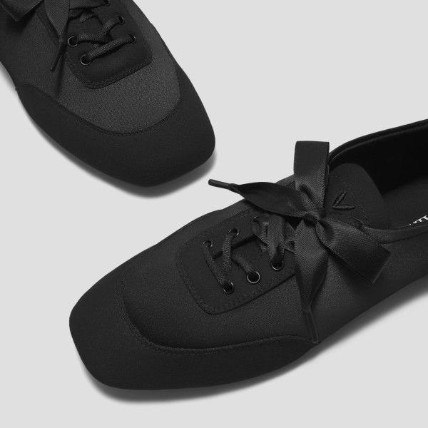 Square-Toe Lace-Up Satin Sneakerina (Cristina) - Black
