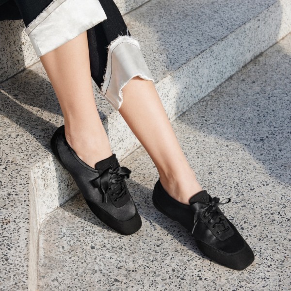 Square-Toe Lace-Up Satin Sneakerina (Cristina) - Black