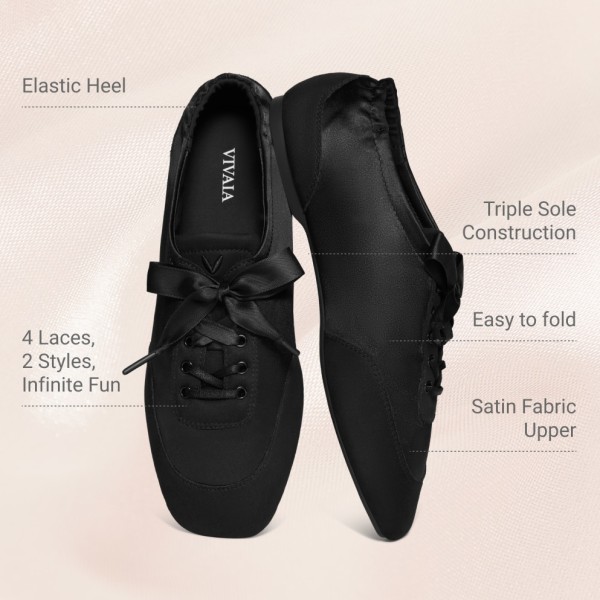 Square-Toe Lace-Up Satin Sneakerina (Cristina) - Black