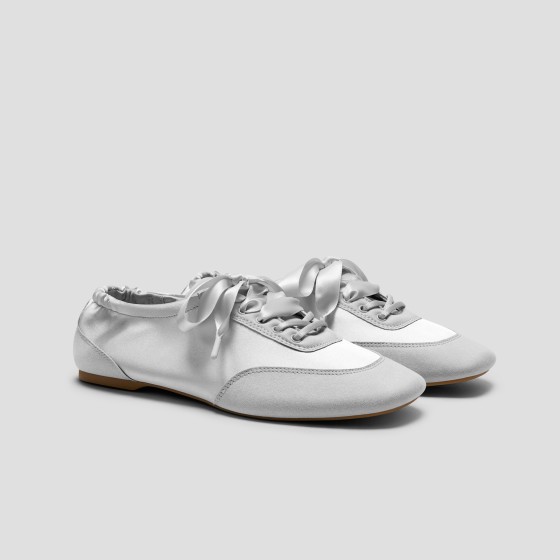 Square-Toe Lace-Up Satin Sneakerina (Cristina) - Grey Silver