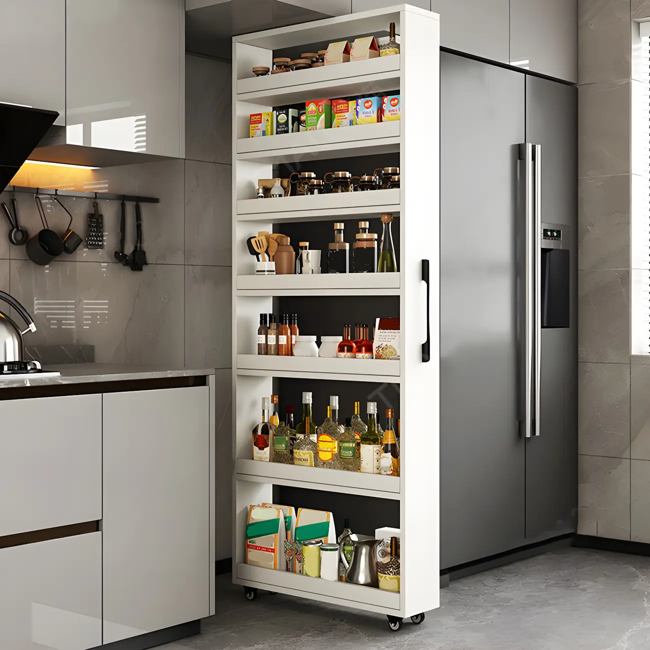 Modern Slim Rolling Kitchen Storage Cart with Open Shelves