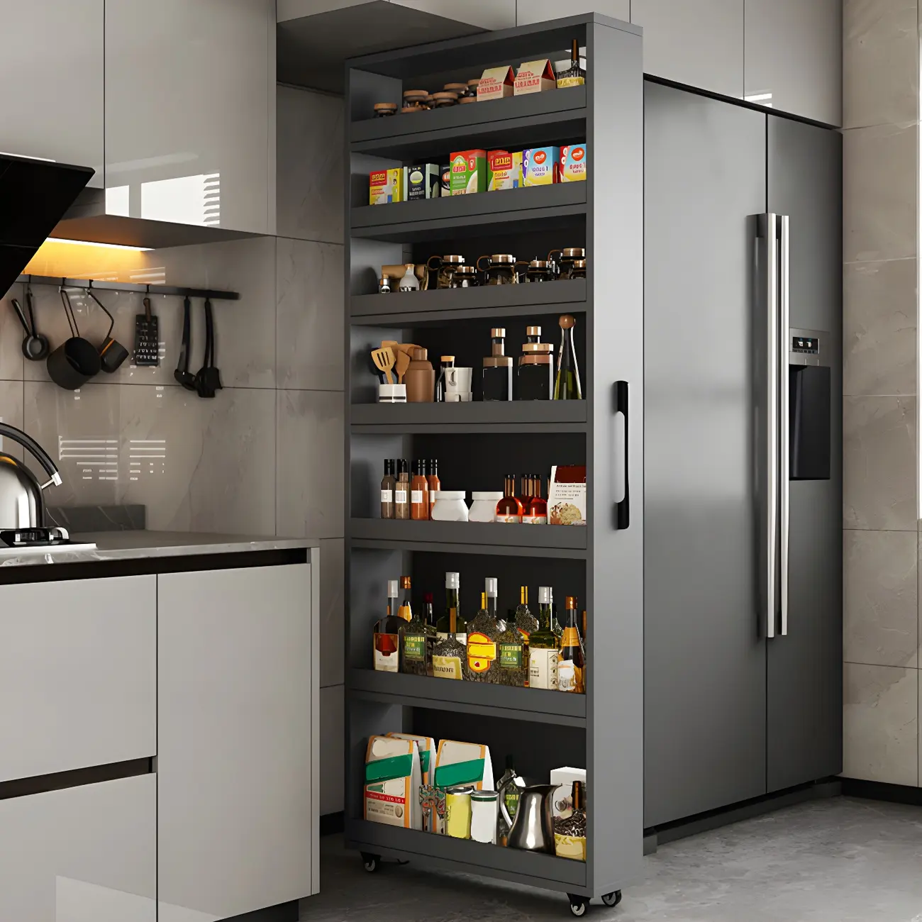 Modern Slim Rolling Kitchen Storage Cart with Open Shelves