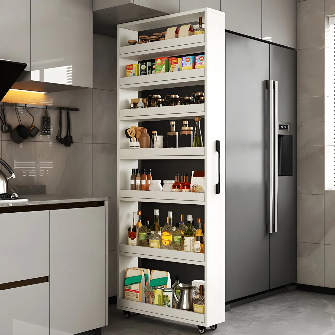Modern Slim Rolling Kitchen Storage Cart with Open Shelves