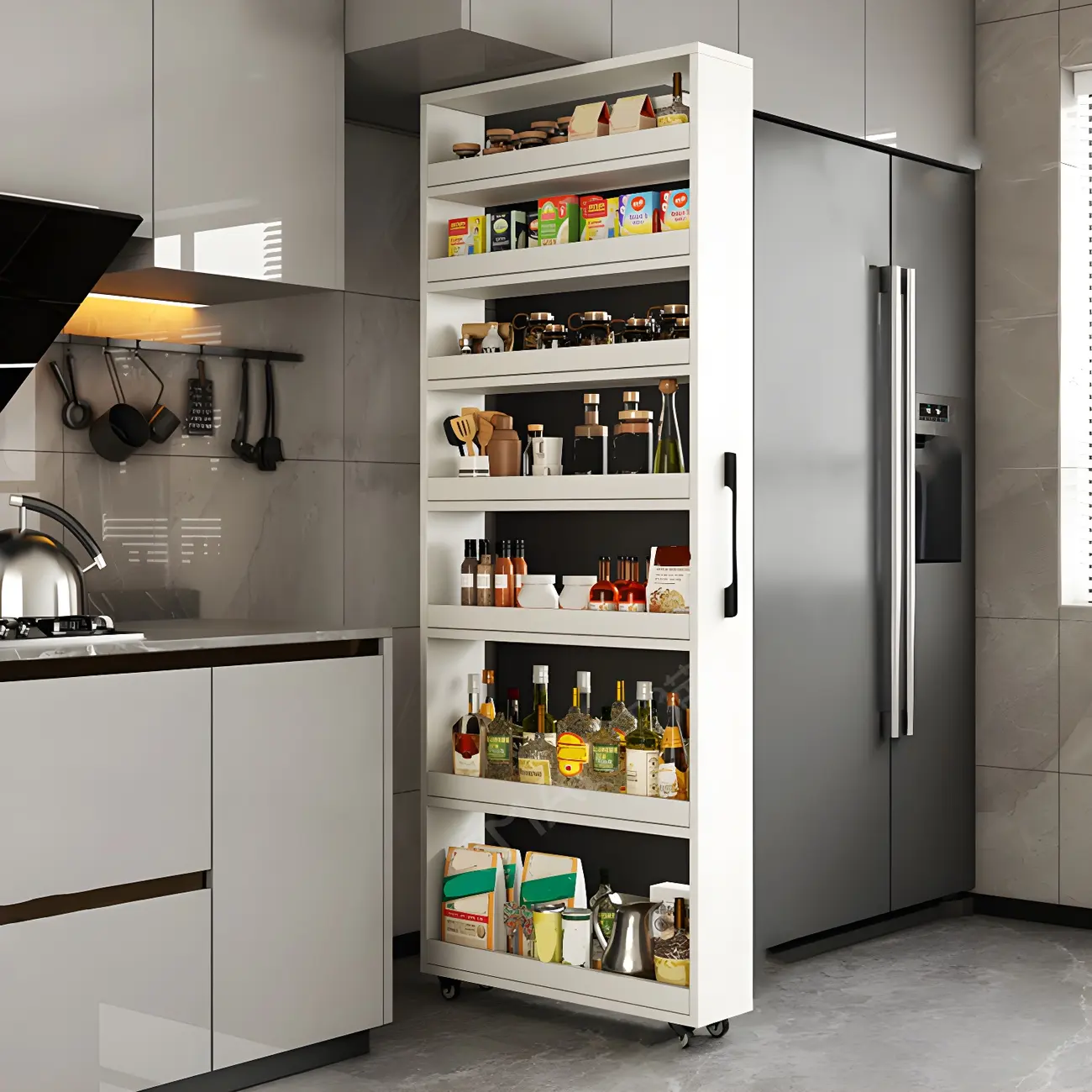 Modern Slim Rolling Kitchen Storage Cart with Open Shelves