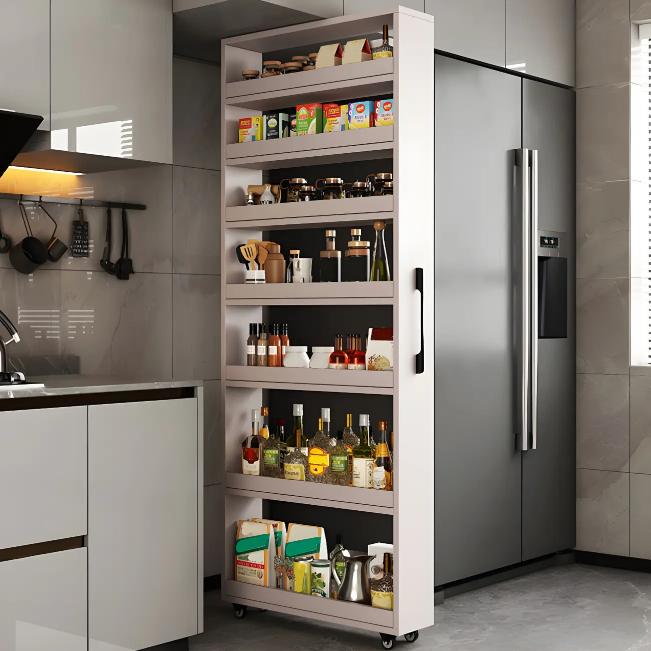 Modern Slim Rolling Kitchen Storage Cart with Open Shelves