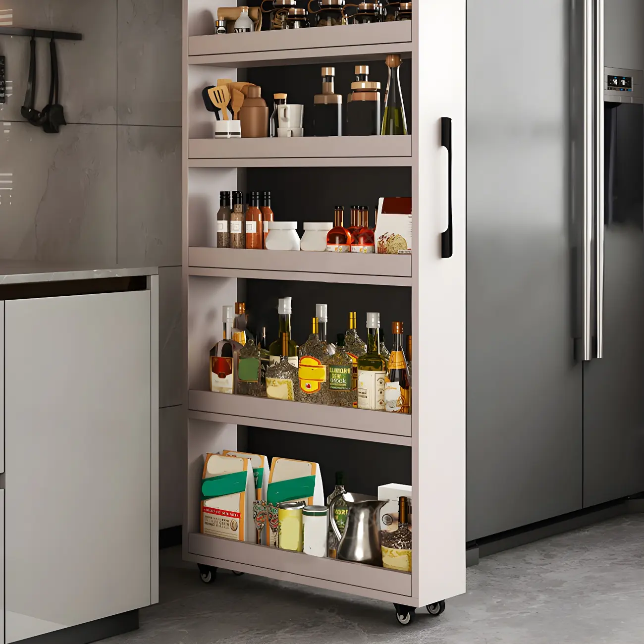 Modern Slim Rolling Kitchen Storage Cart with Open Shelves